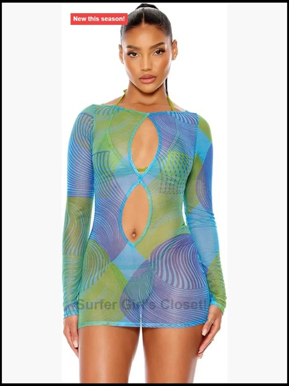Mesh Bodycon Pool Mini Dress Keyhole Neck Long Sleeve